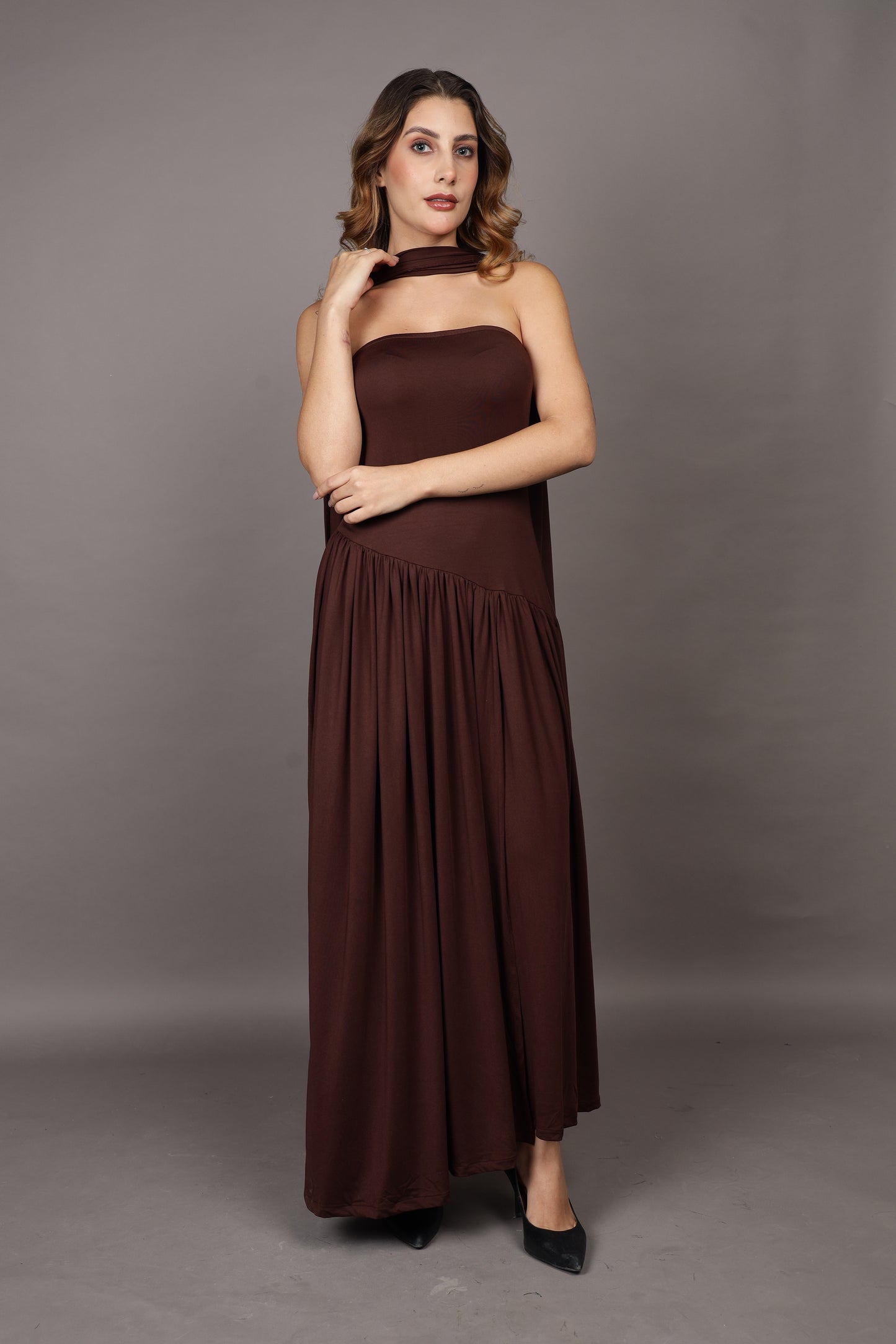Brown Maxi flared dress with stole