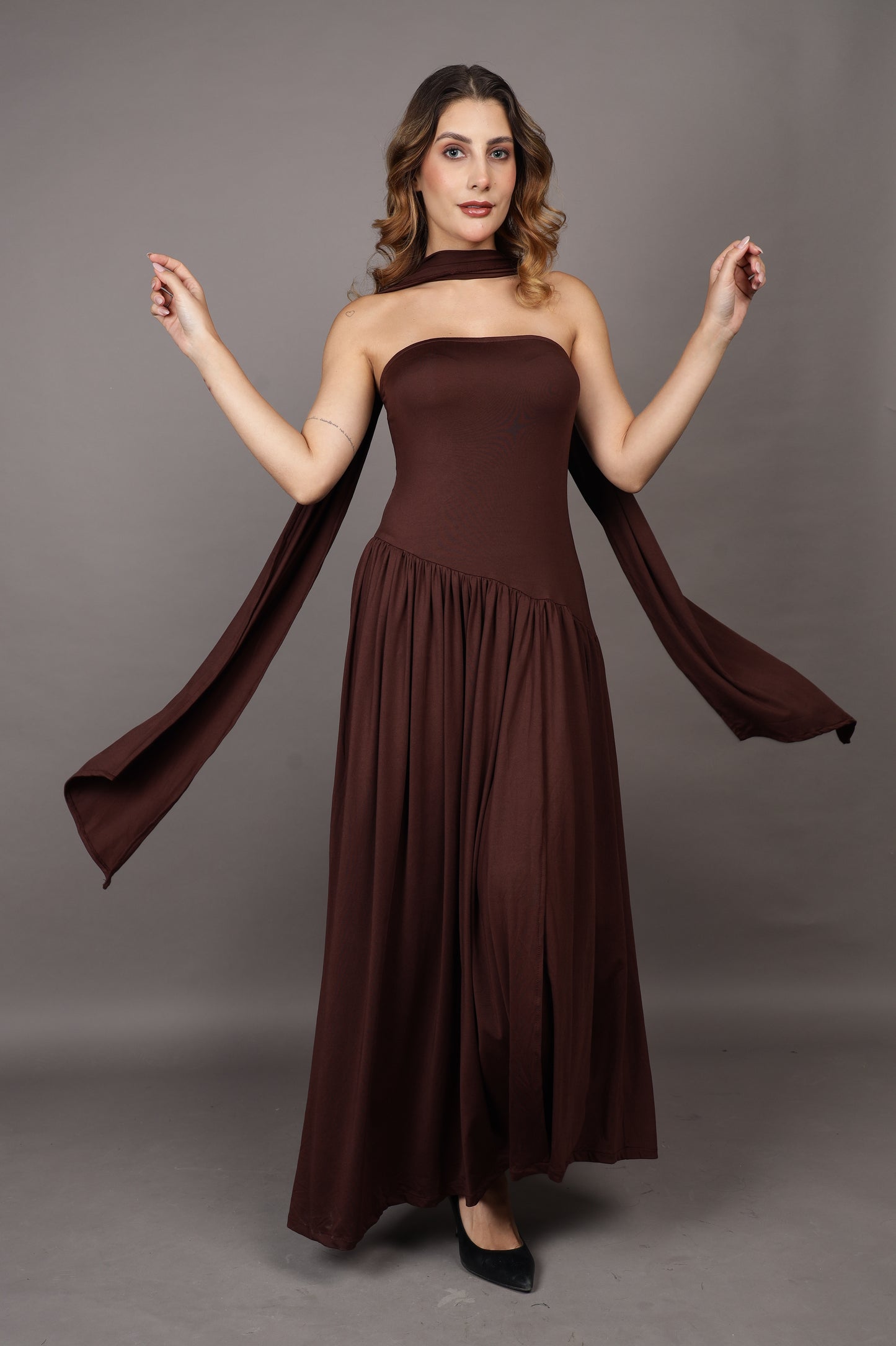 Brown Maxi flared dress with stole