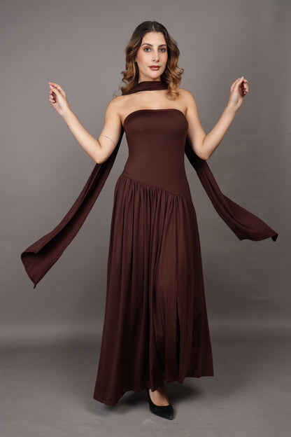 Brown Maxi flared dress with stole