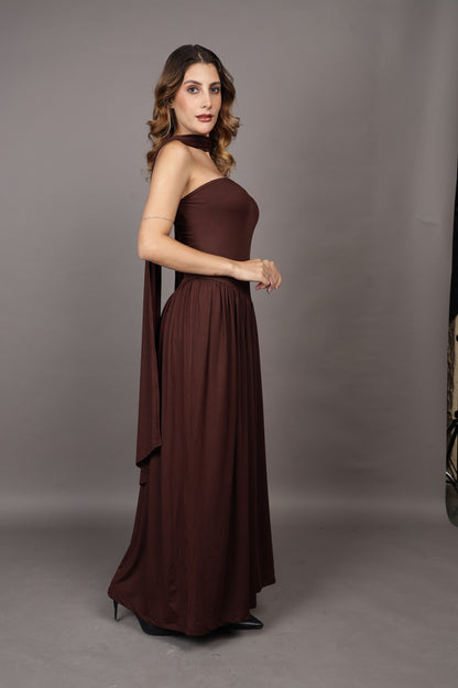 Brown Maxi flared dress with stole