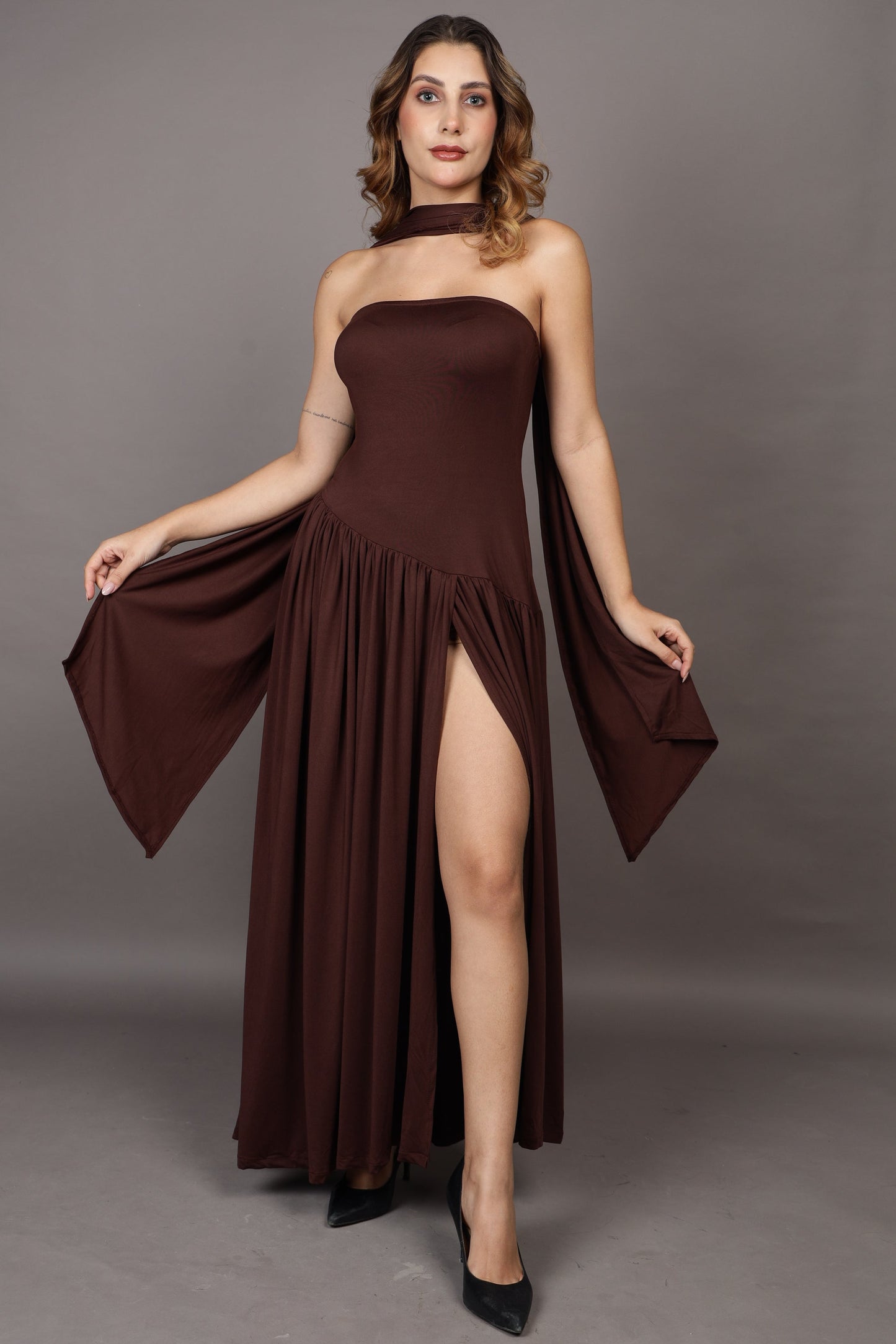 Brown Maxi flared dress with stole