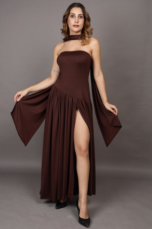 Brown Maxi flared dress with stole