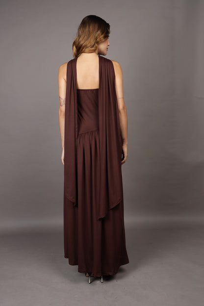 Brown Maxi flared dress with stole