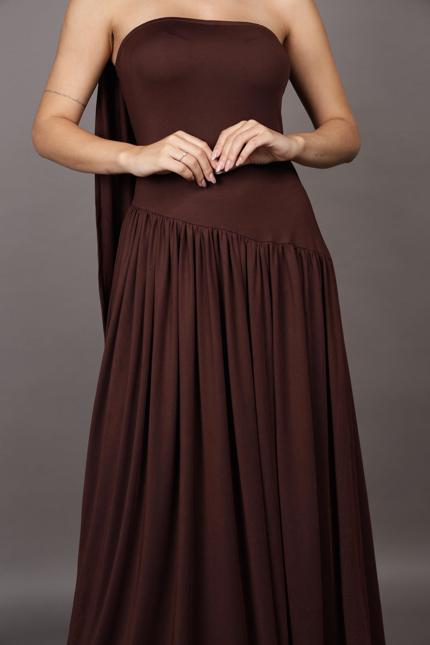 Brown Maxi flared dress with stole