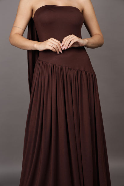Brown Maxi flared dress with stole