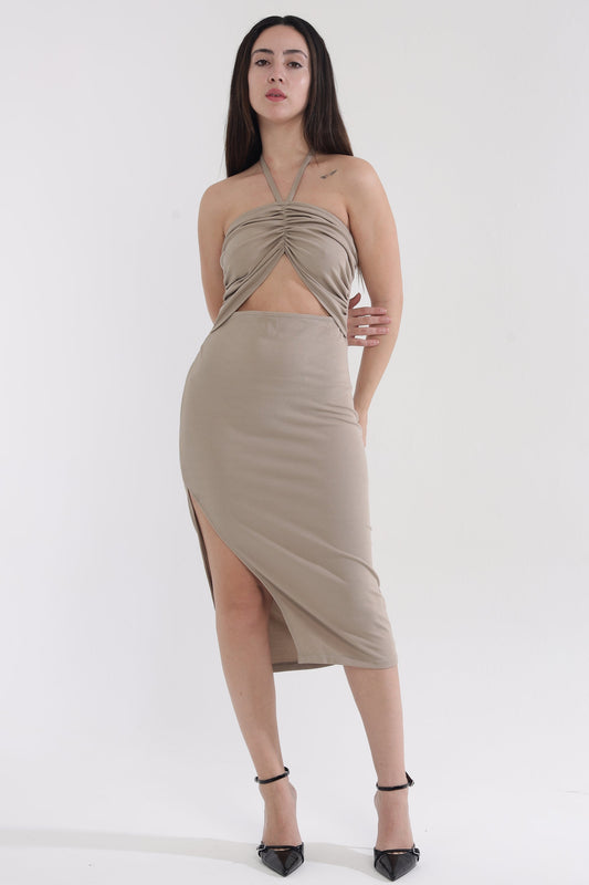 Beige front cut-out bodycon dress