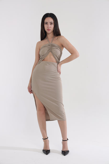Beige front cut-out bodycon dress