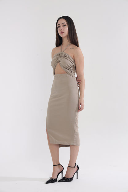 Beige front cut-out bodycon dress