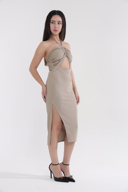 Beige front cut-out bodycon dress