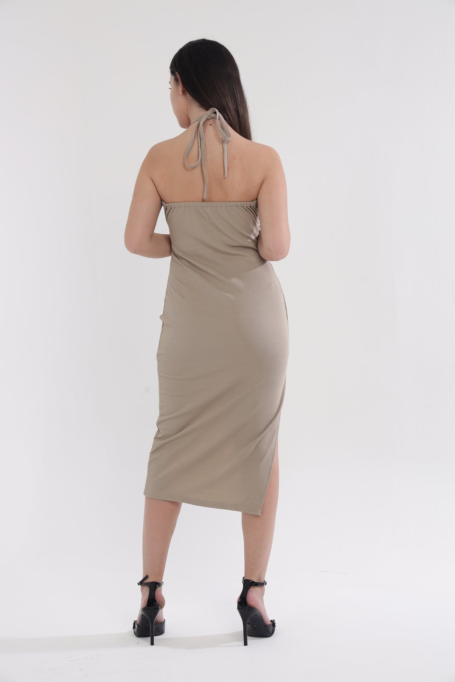Beige front cut-out bodycon dress