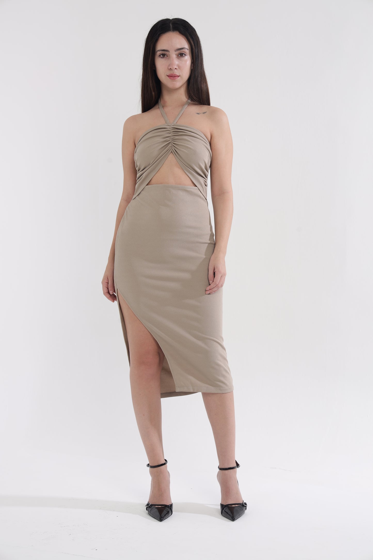 Beige front cut-out bodycon dress