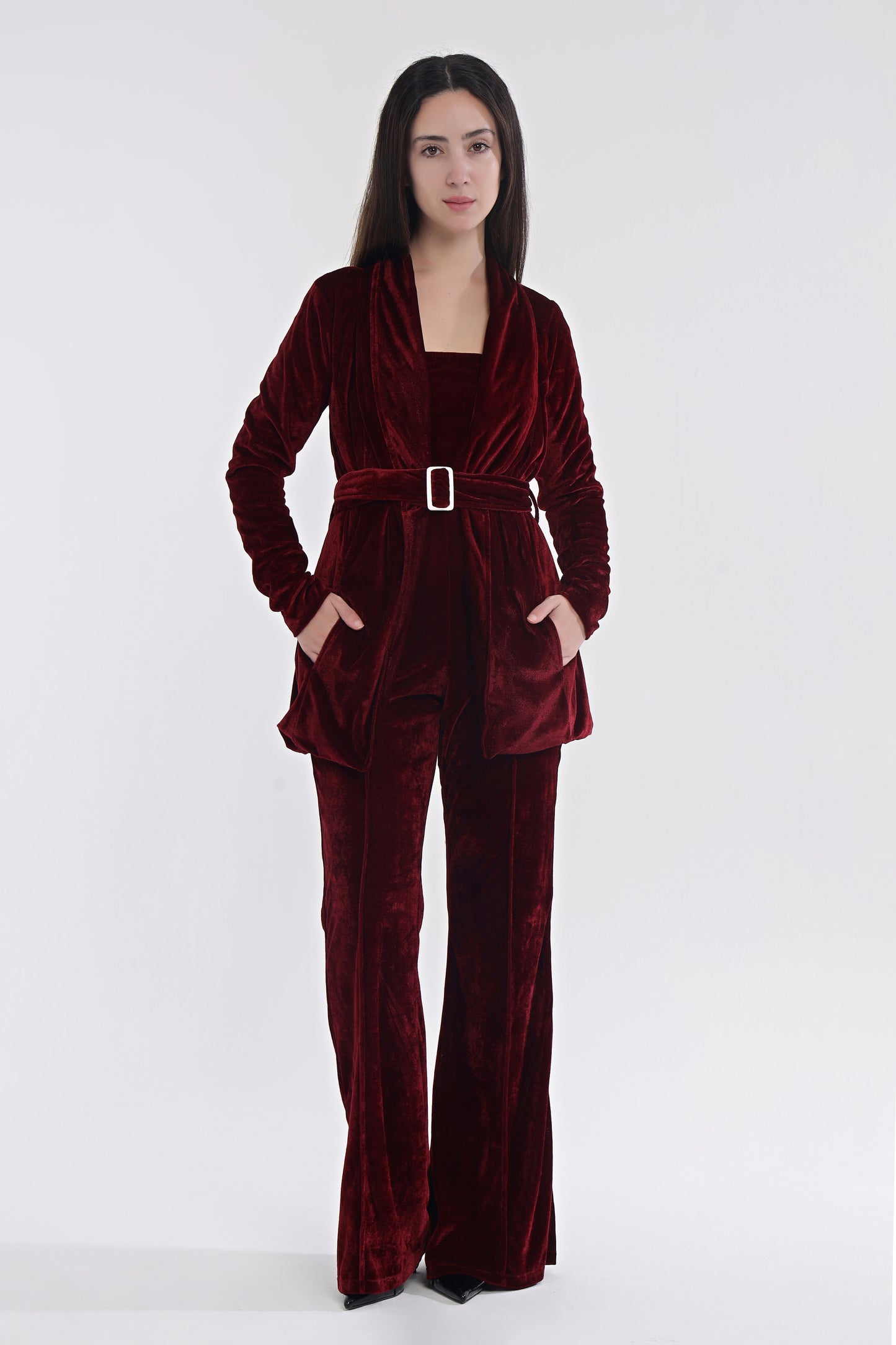 Velvet tube jumpsuit with jacket
