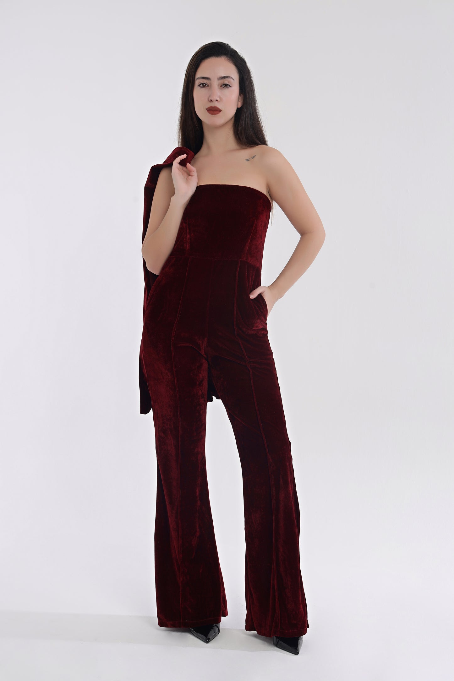 Velvet tube jumpsuit with jacket