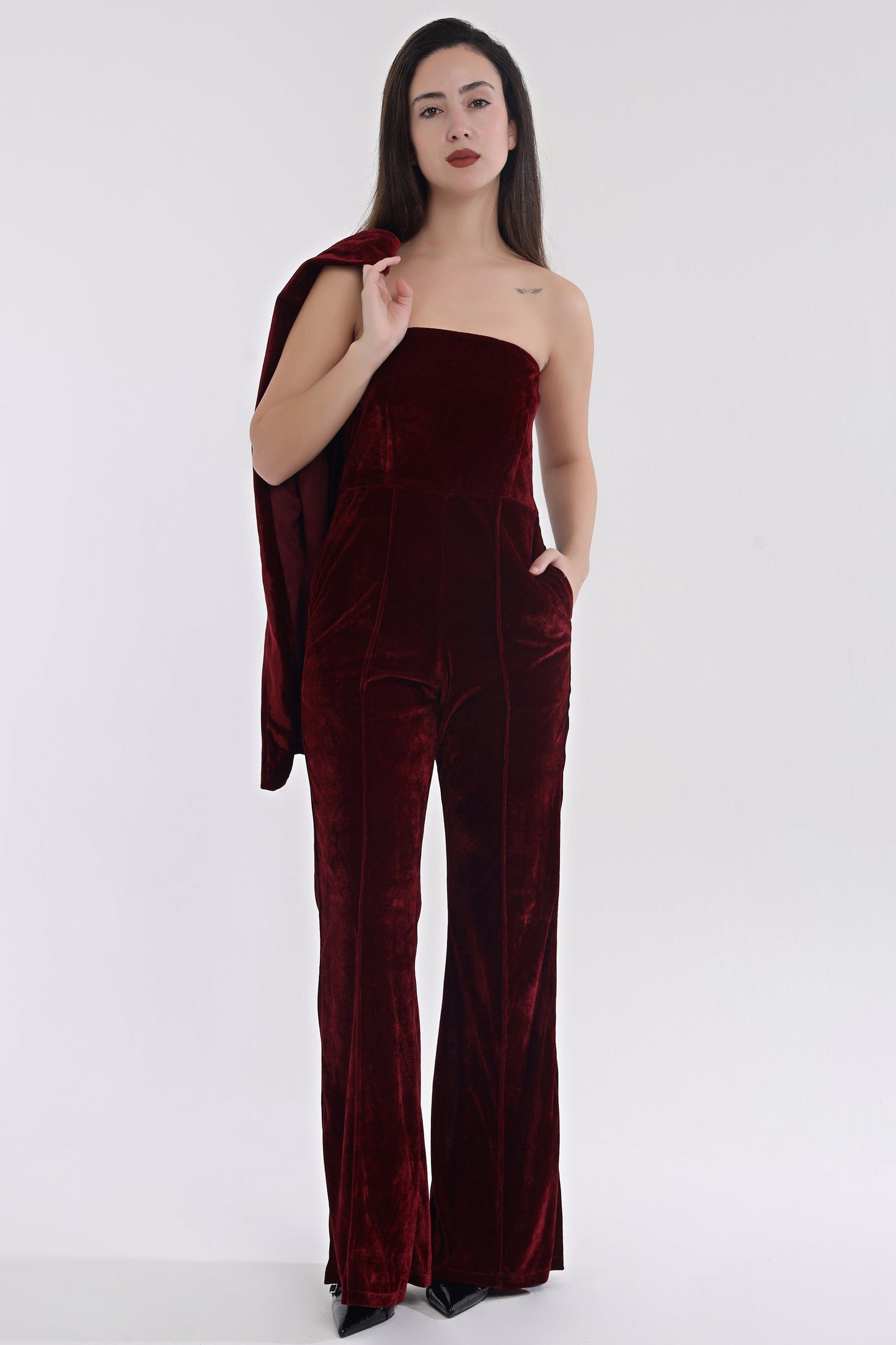 Velvet tube jumpsuit with jacket