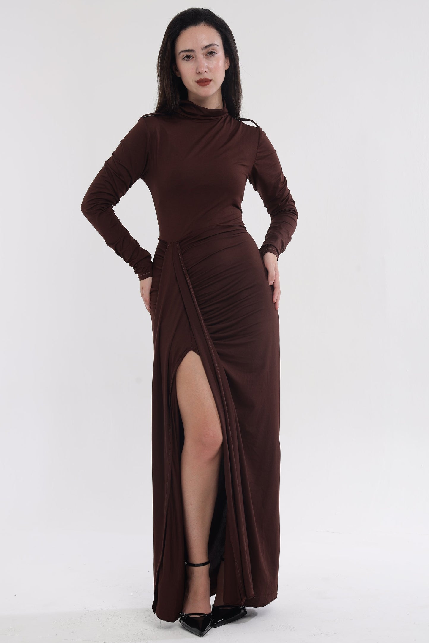 Brown statement slit gown