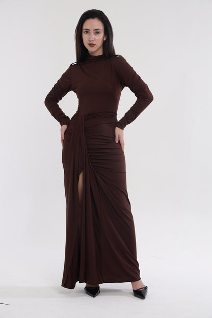 Brown statement slit gown