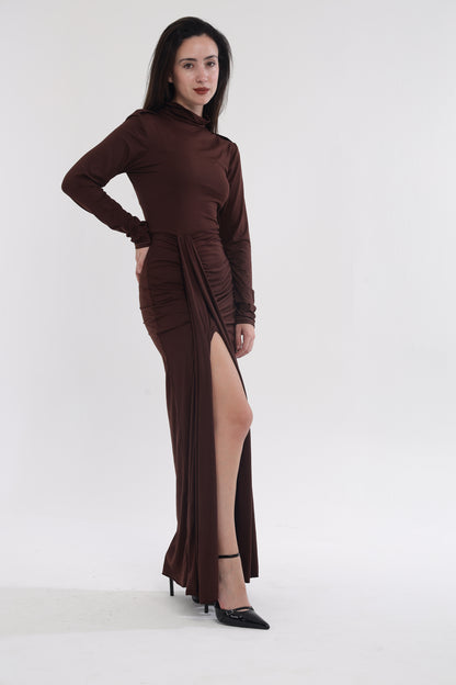 Brown statement slit gown