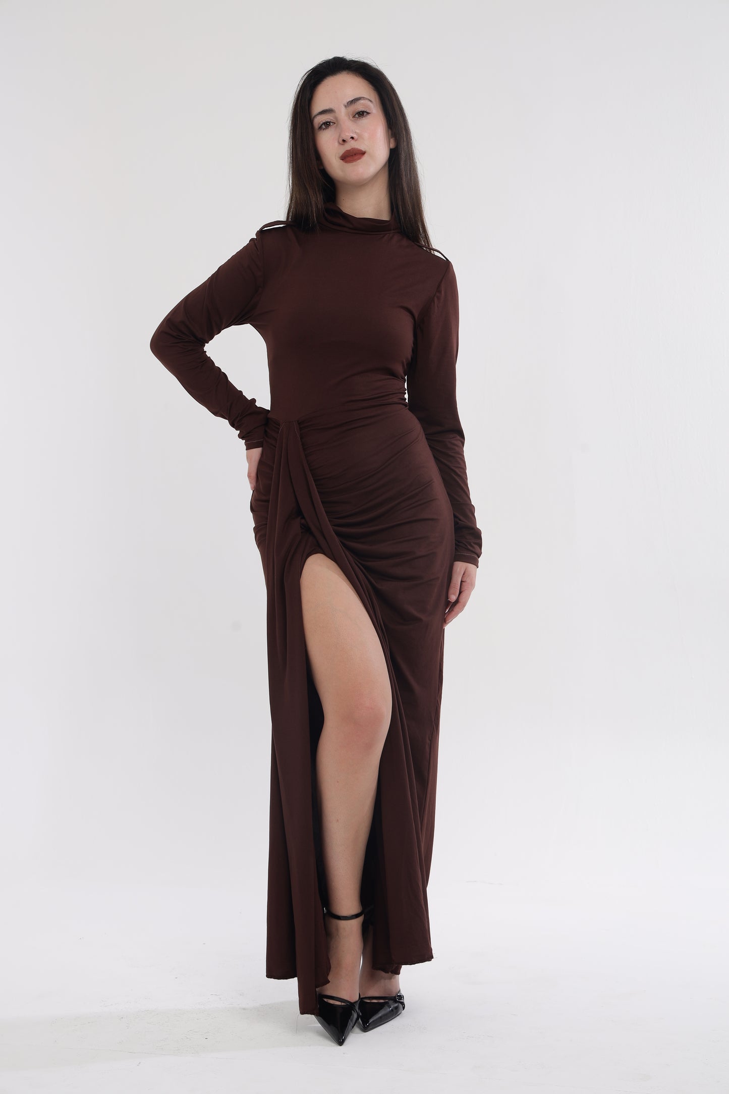 Brown statement slit gown