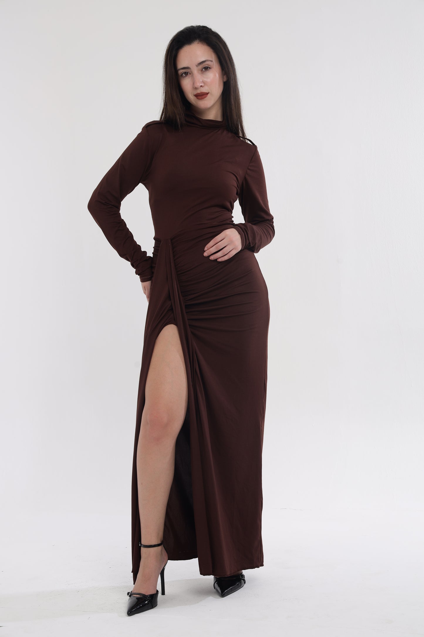 Brown statement slit gown