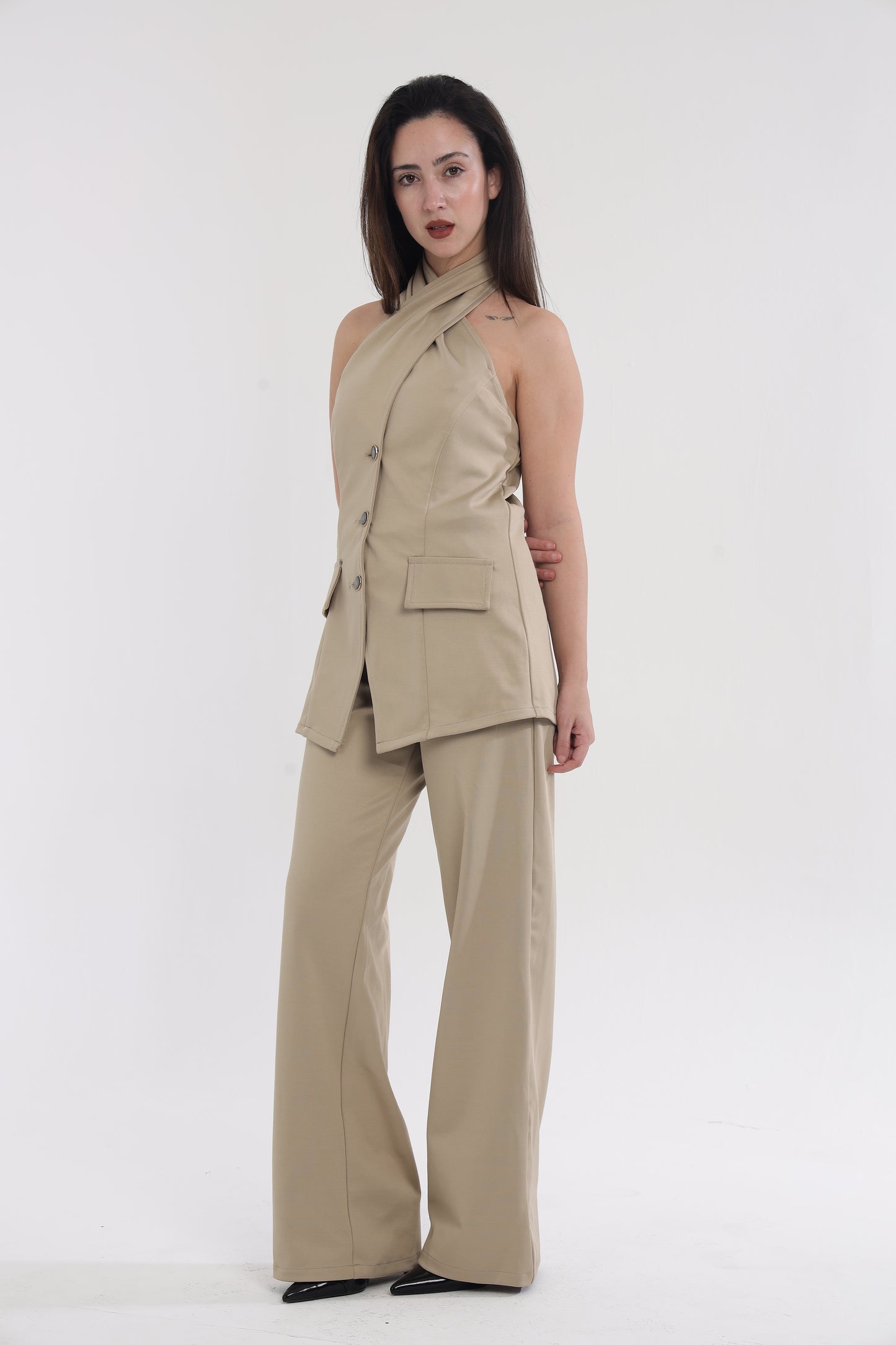 Beige round neck coord