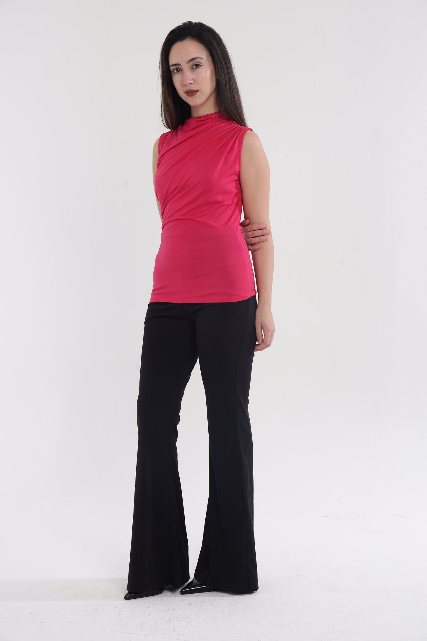 Brown/pink shoulder frill top