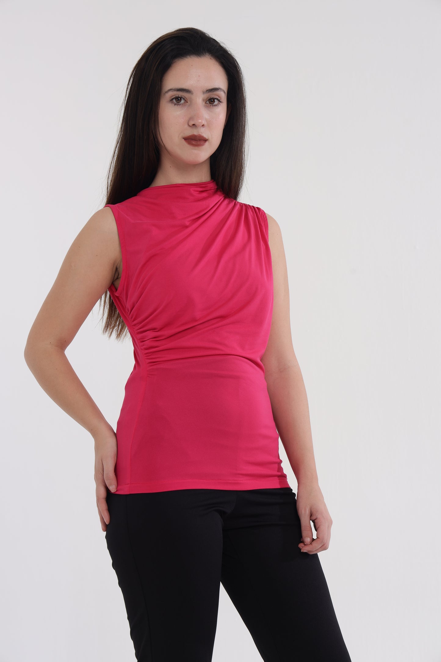 Brown/pink shoulder frill top