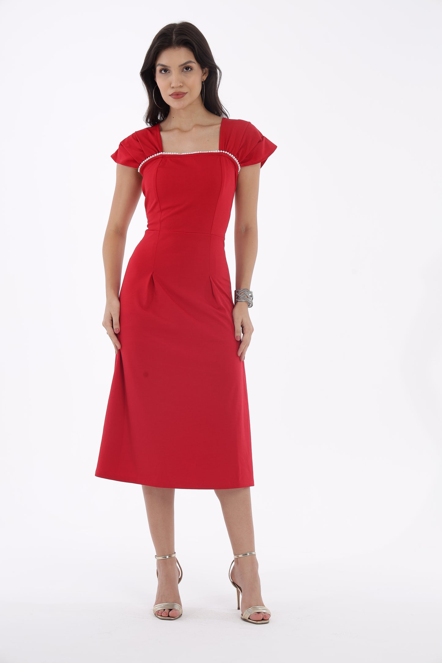 Red Pearl Neck Lace dress