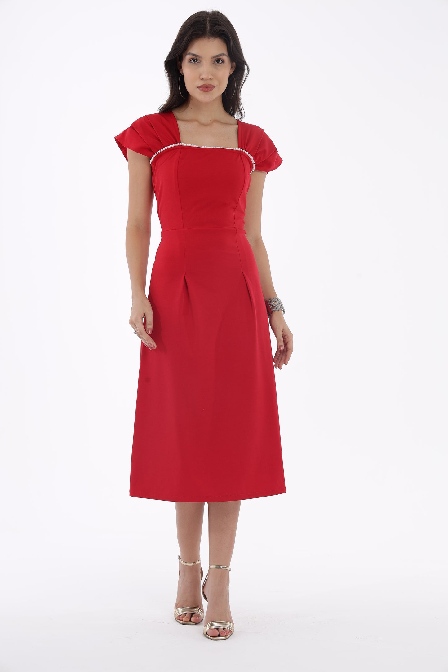Red Pearl Neck Lace dress
