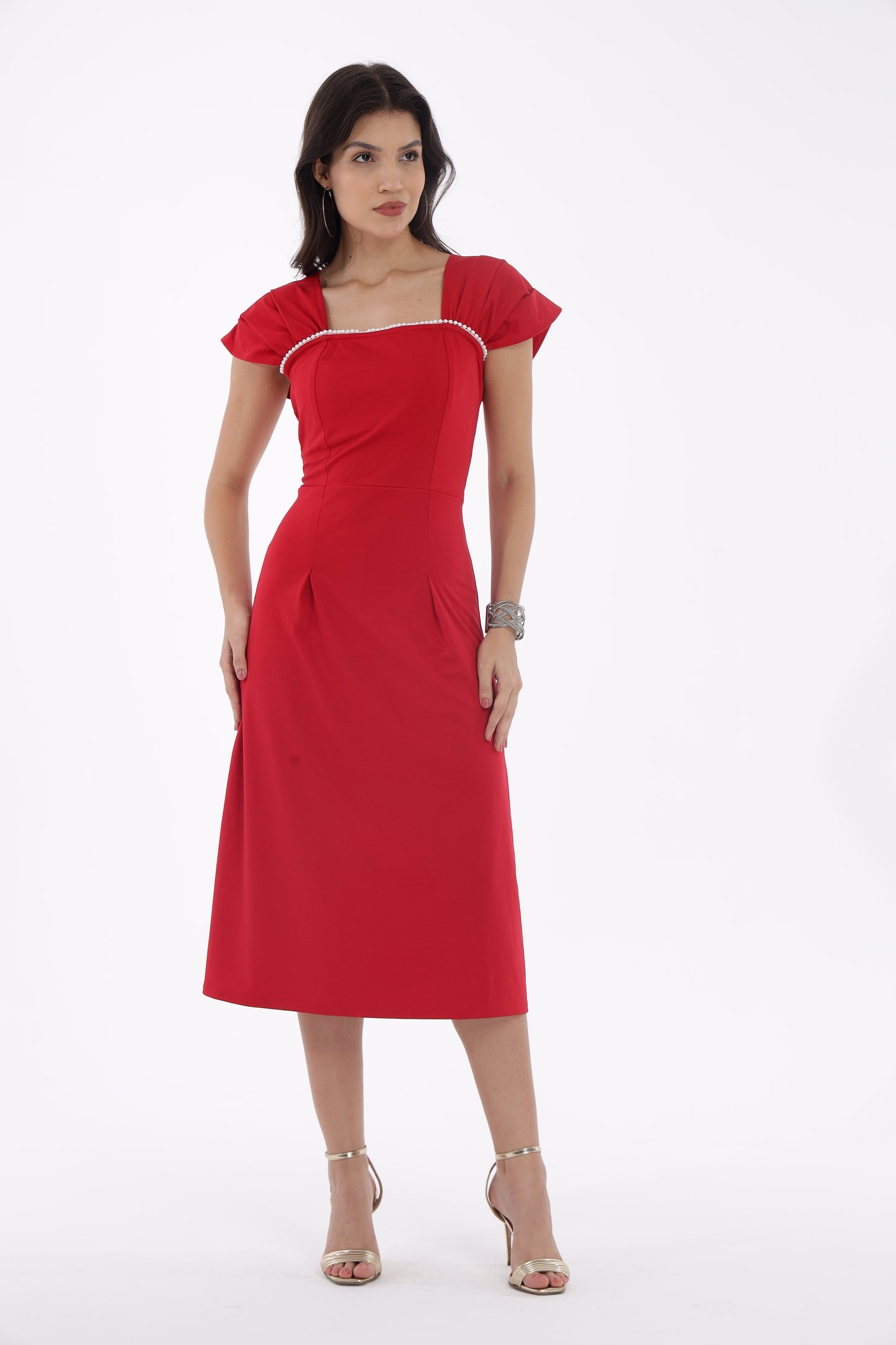 Red Pearl Neck Lace dress