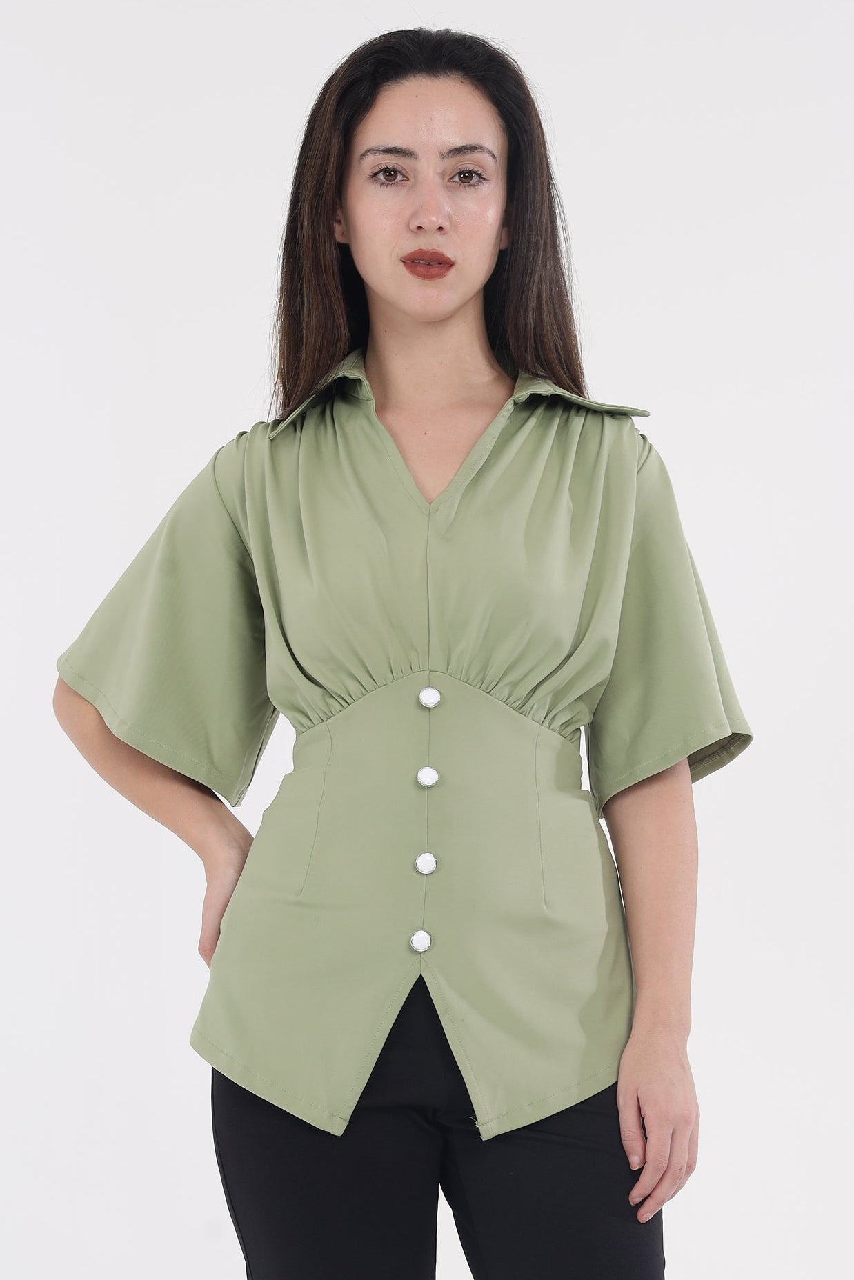 Green shoulder frill top
