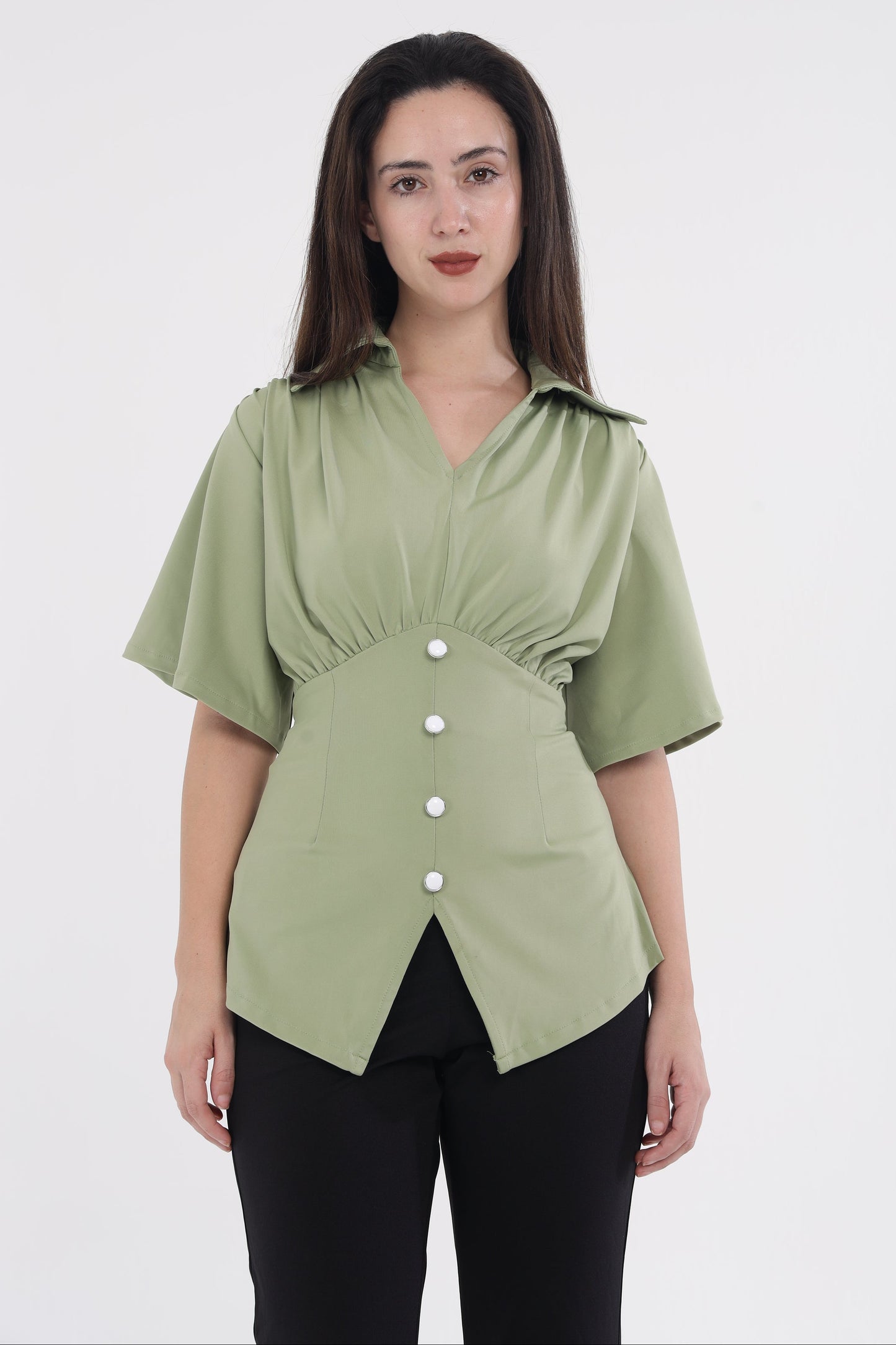 Green shoulder frill top