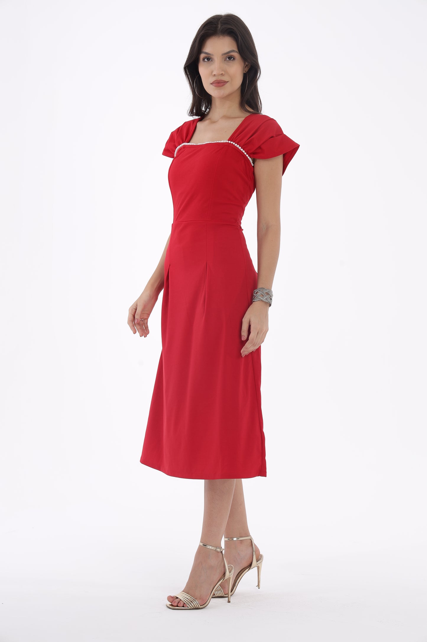 Red Pearl Neck Lace dress
