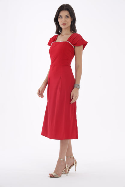 Red Pearl Neck Lace dress
