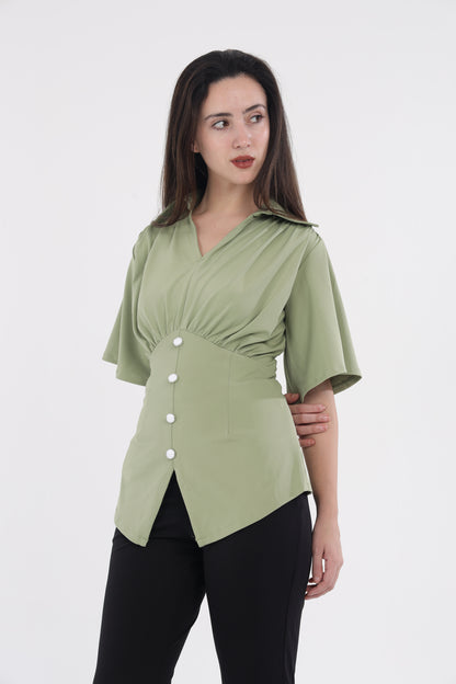 Green shoulder frill top