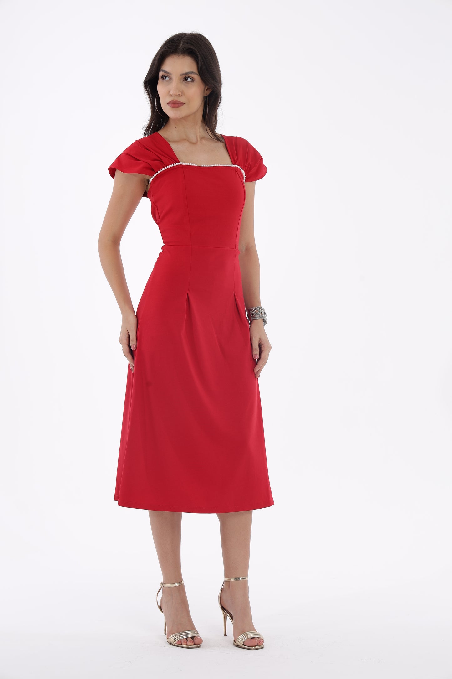 Red Pearl Neck Lace dress