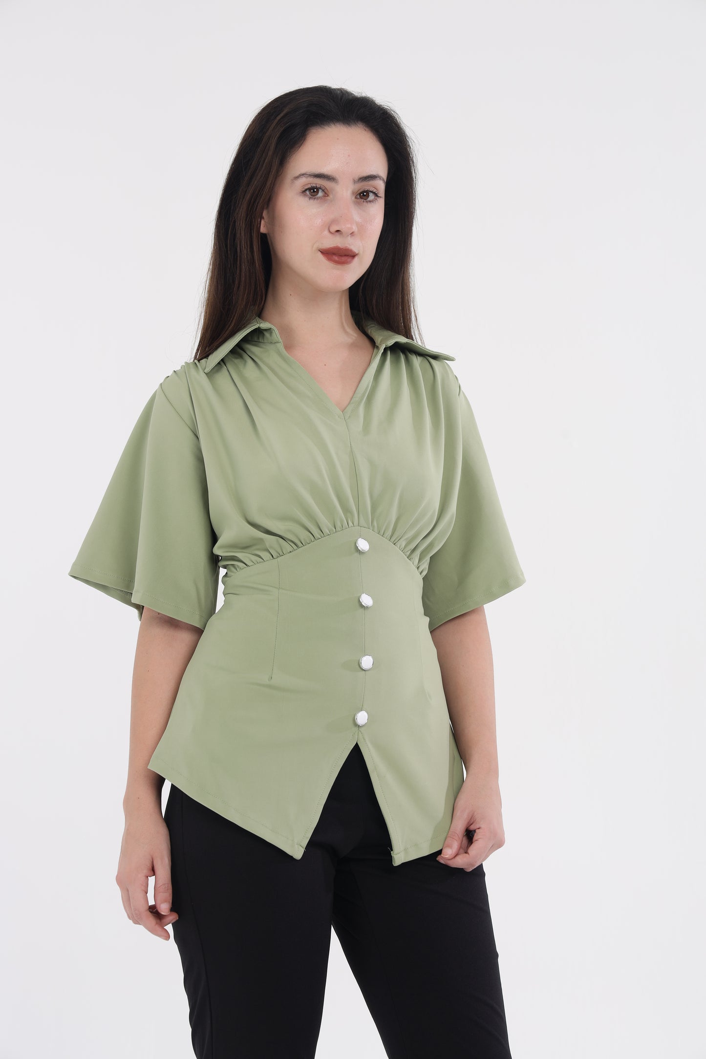 Green shoulder frill top