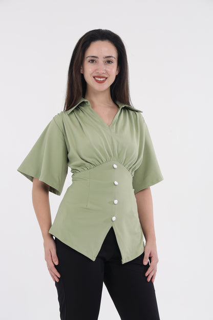 Green shoulder frill top