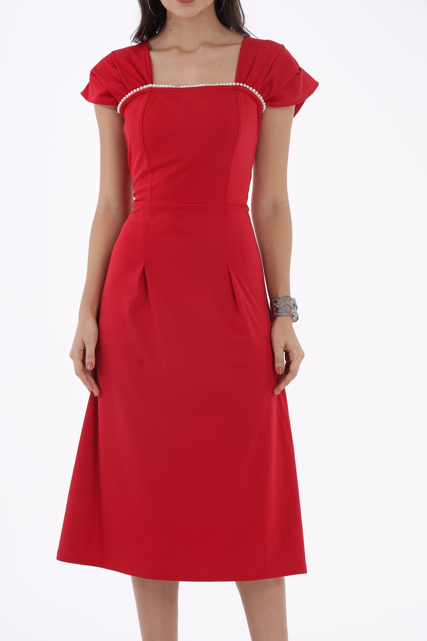 Red Pearl Neck Lace dress