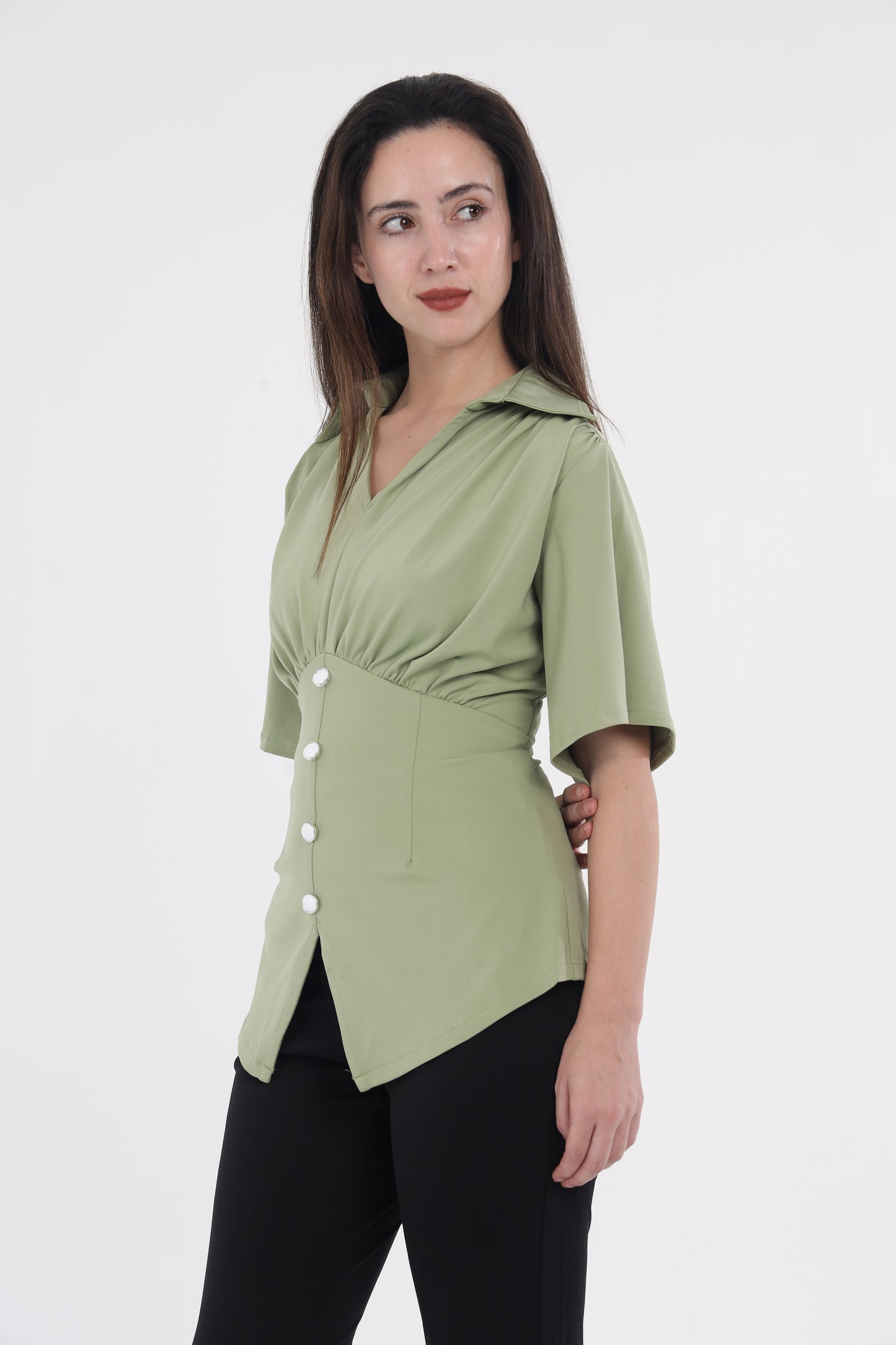 Green shoulder frill top