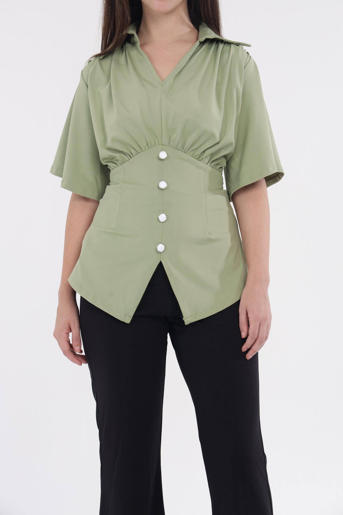 Green shoulder frill top