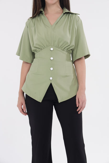 Green shoulder frill top