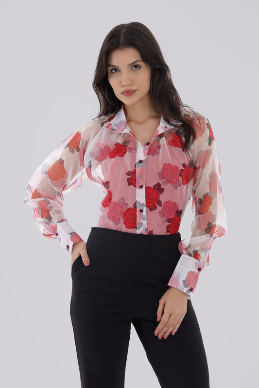 Rose Print Organza Shirt