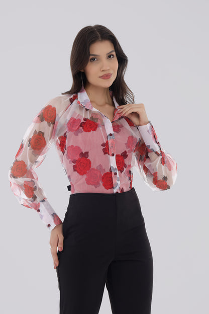 Rose Print Organza Shirt