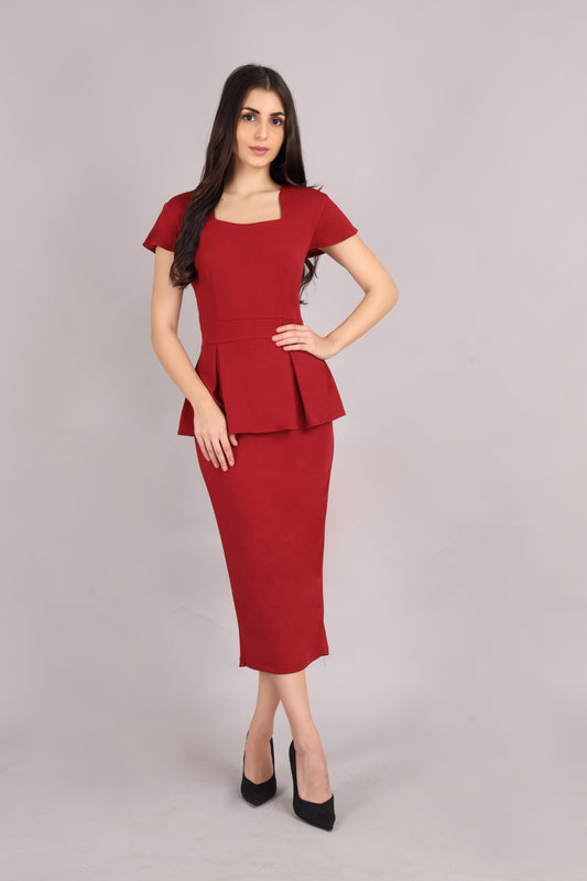 Maroon Peplum Office Dress