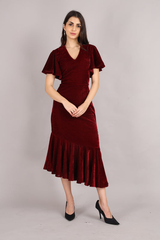 Maroon Velvet Flared Dress