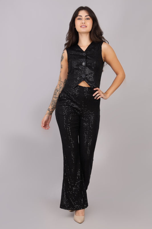 Black Sequin Vest Top and Pant Set