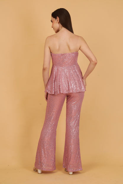 Pink sequin flared top & bell bottom pants set