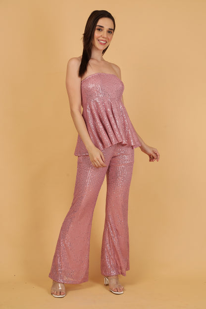 Pink sequin flared top & bell bottom pants set