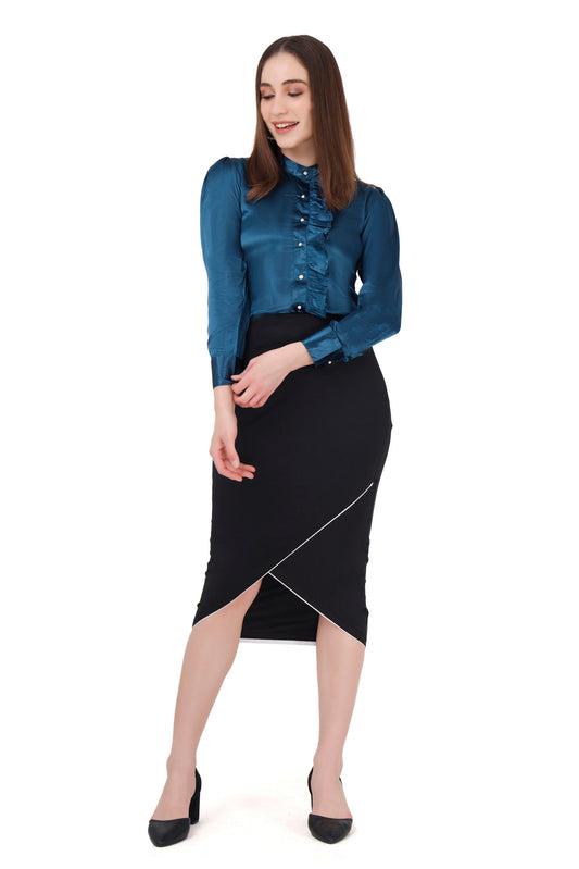 Blue Frill Shirt and Pencil Skirt Set