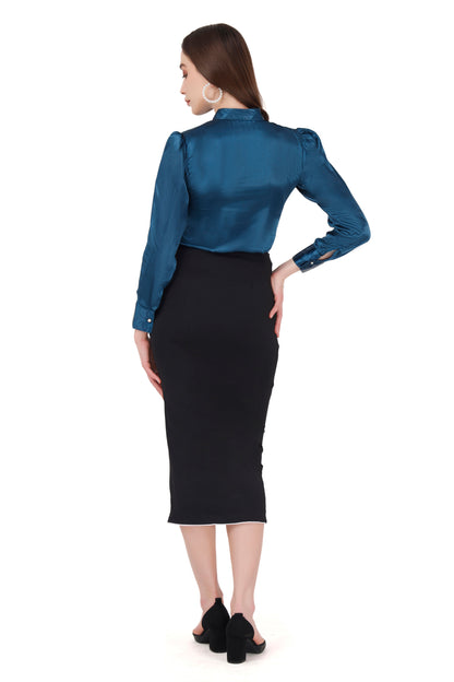 Blue Frill Shirt and Pencil Skirt Set